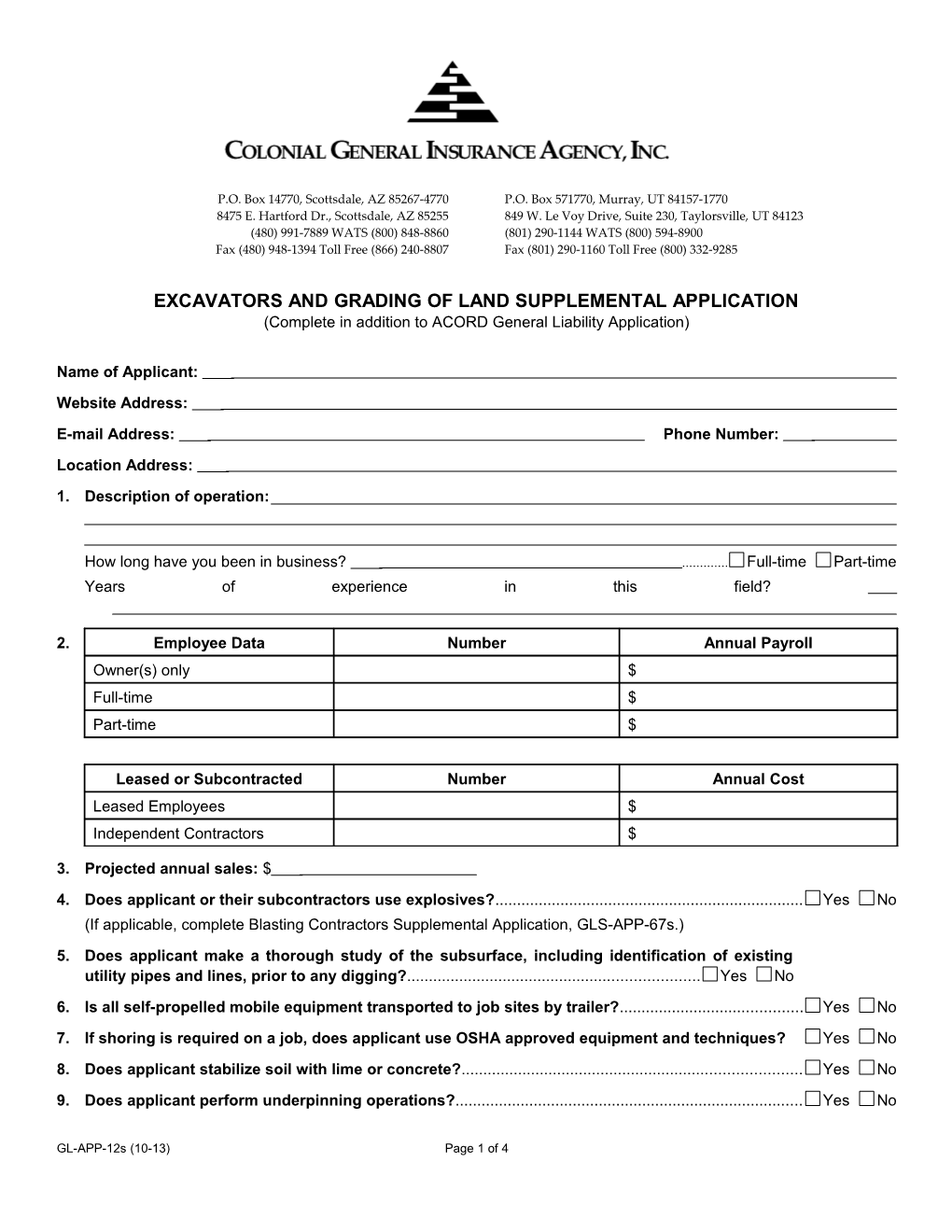 Excavators and Grading of Land Supplemental Application