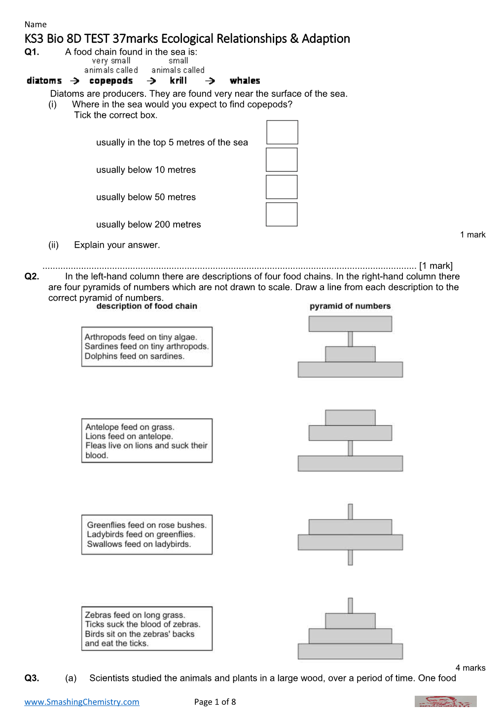 KS3 Bio 8D TEST 37Marks Ecological Relationships & Adaption