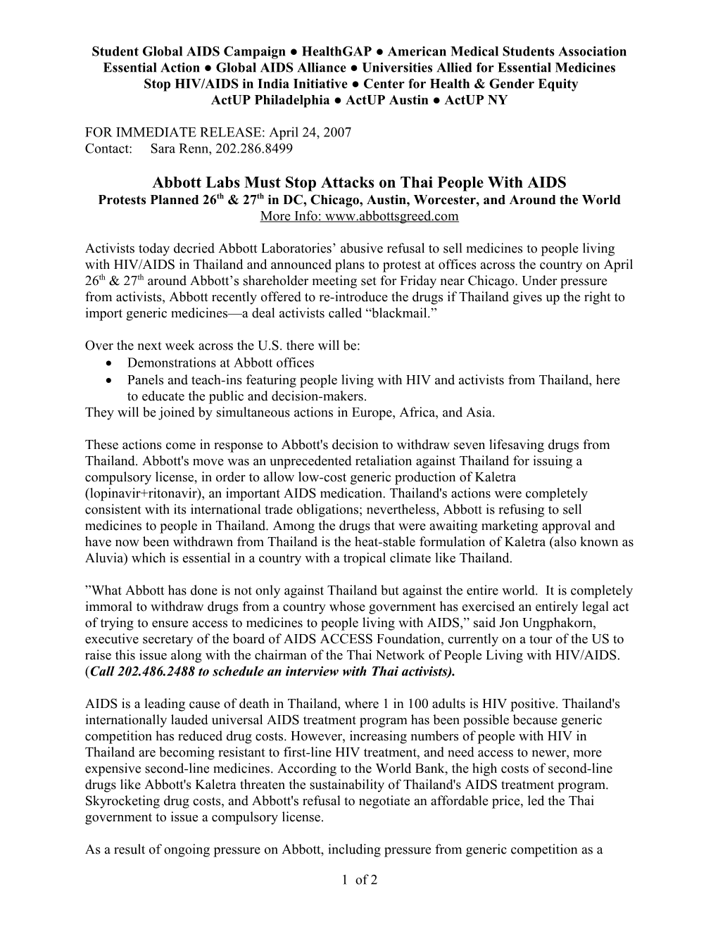 FOR IMMEDIATE RELEASE: April 24, 2007