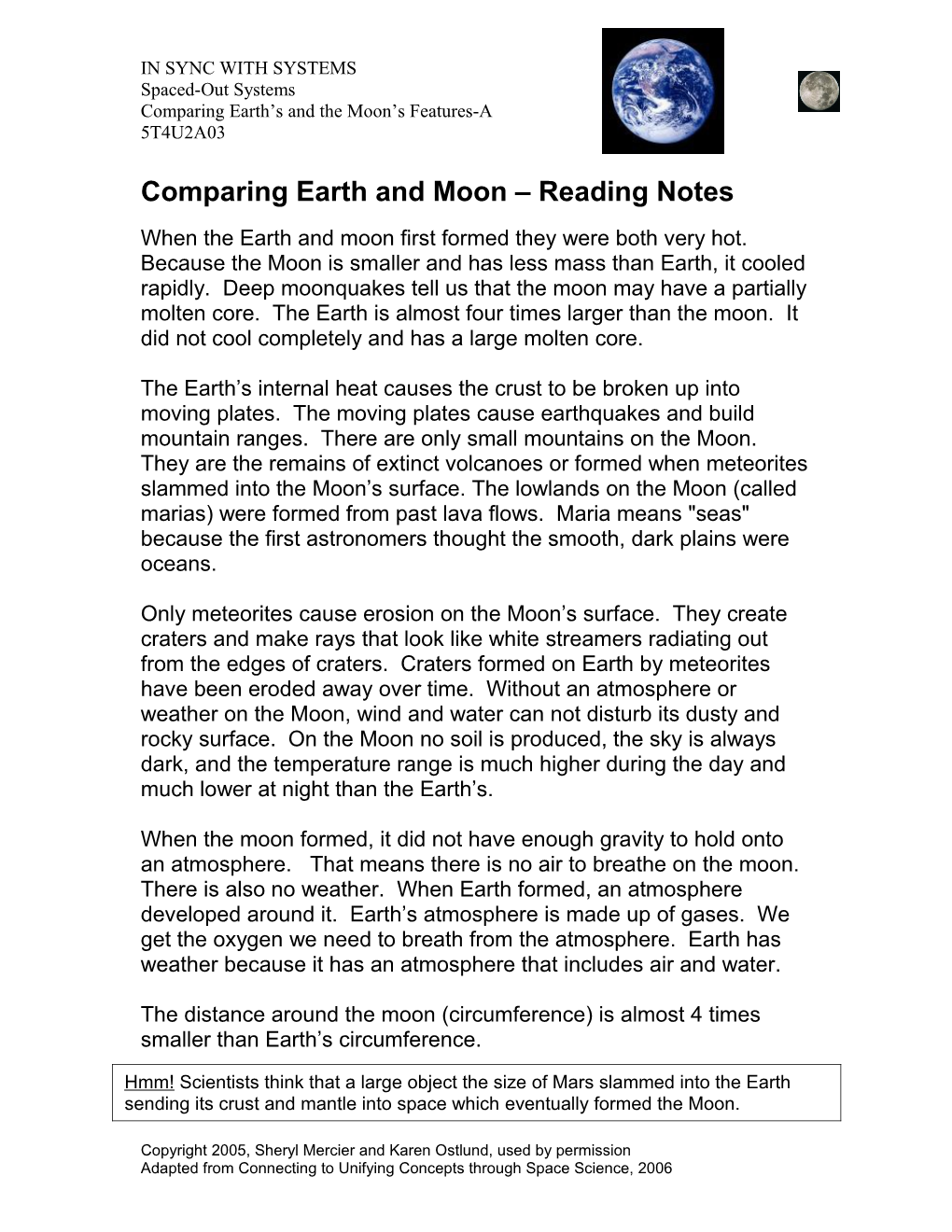 Comparing Earth and Moon Reading Notes