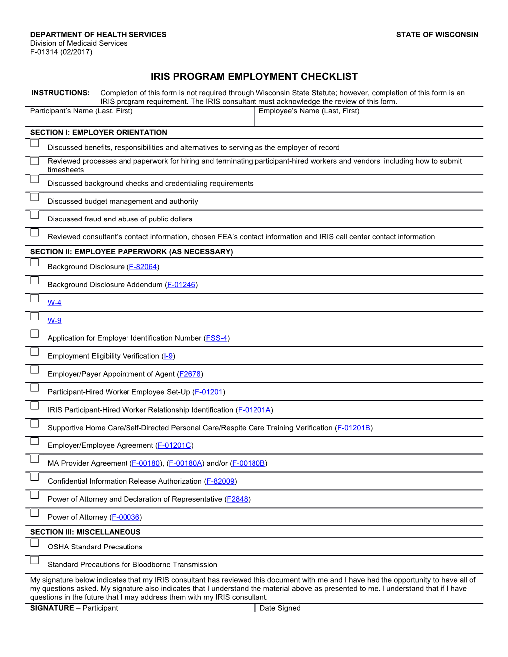 IRIS Program Employment Checklist