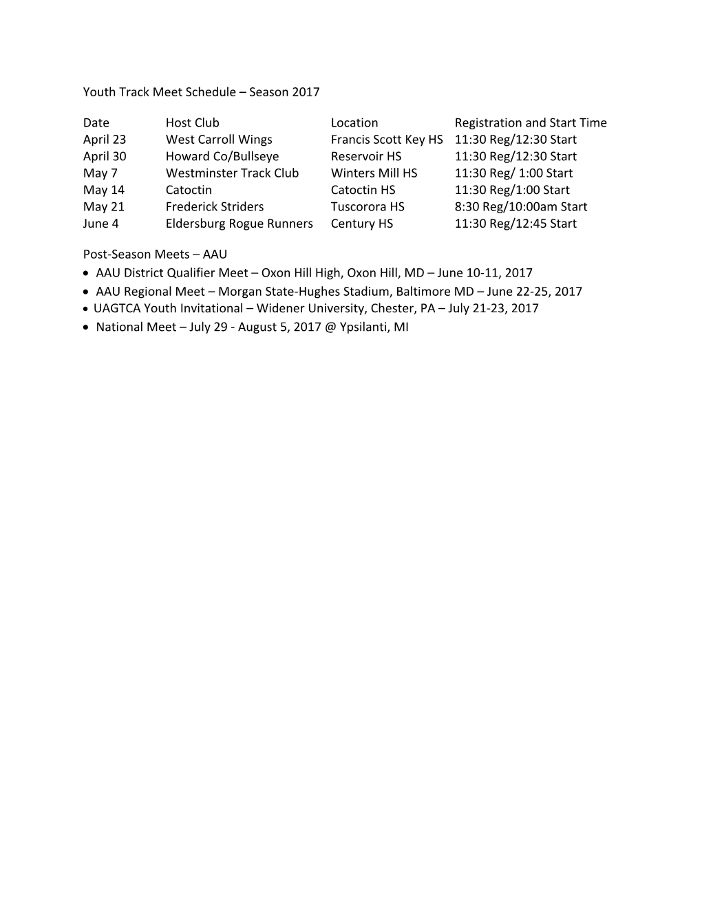 Date Host Club Location Registration and Start Time