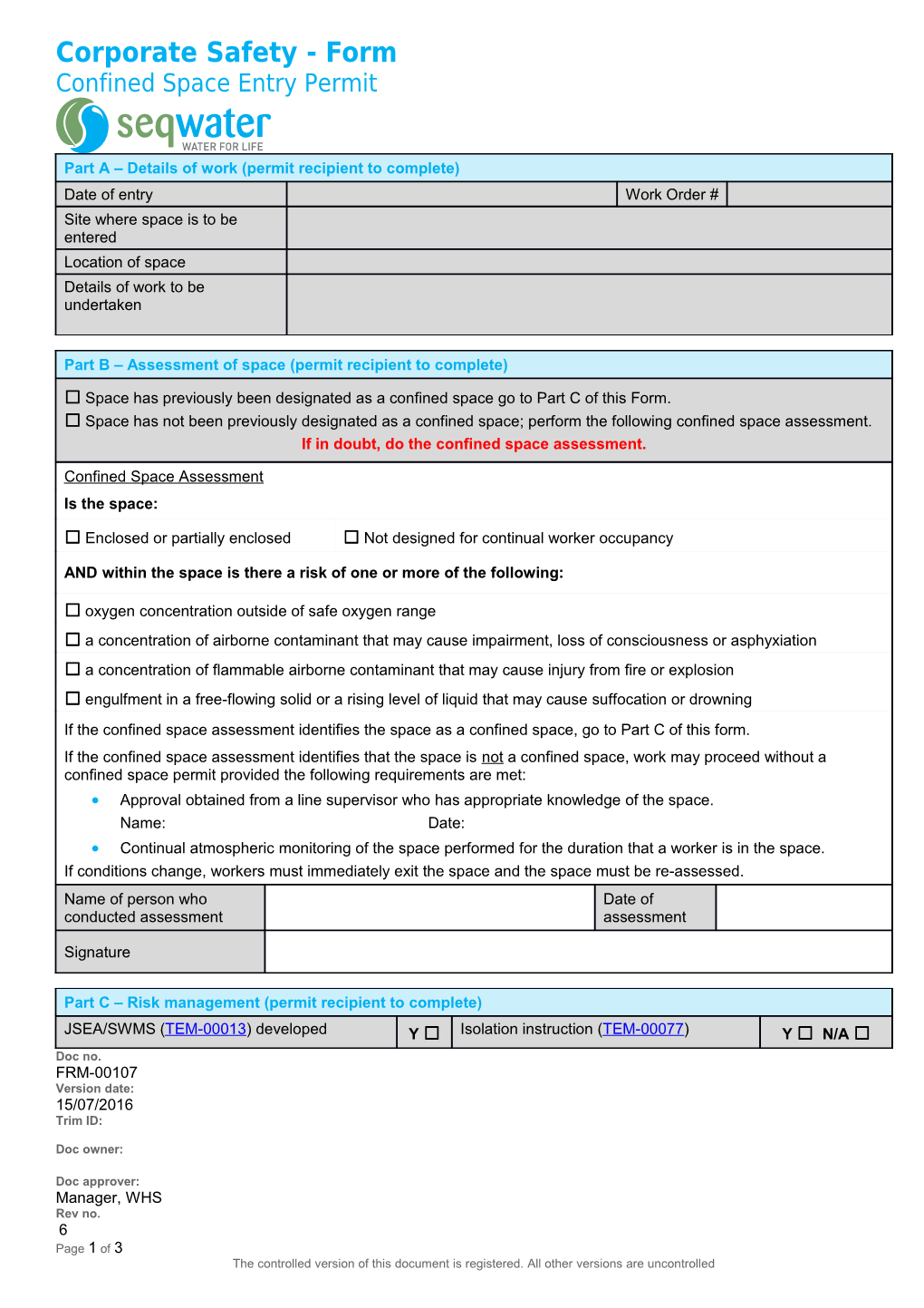 Corporate Safety - Confined Space Entry Permit Form