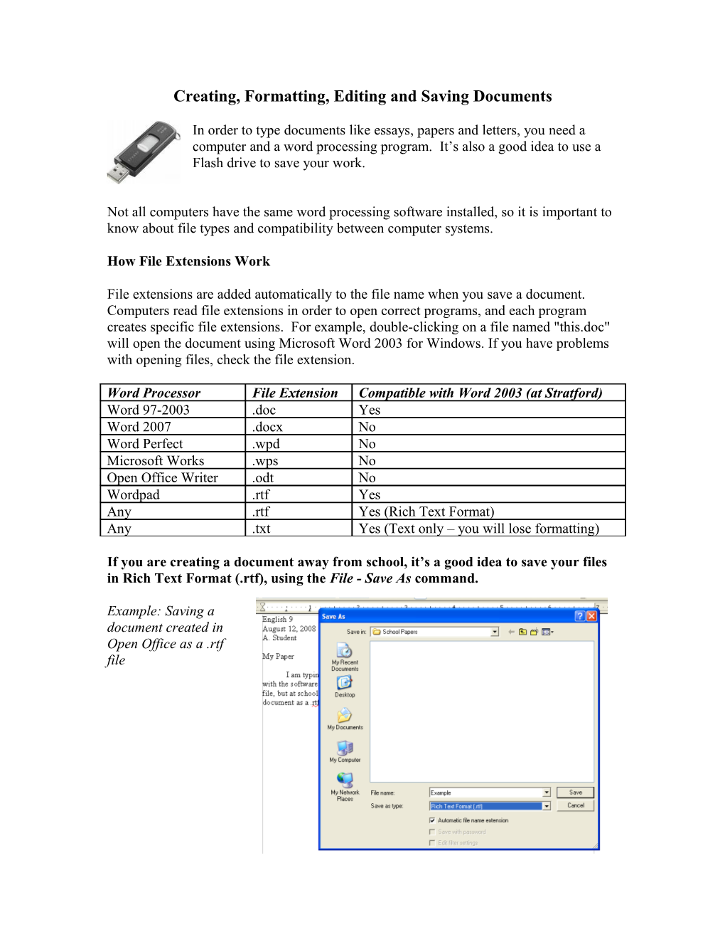 Creating, Formatting, Editing and Saving Documents