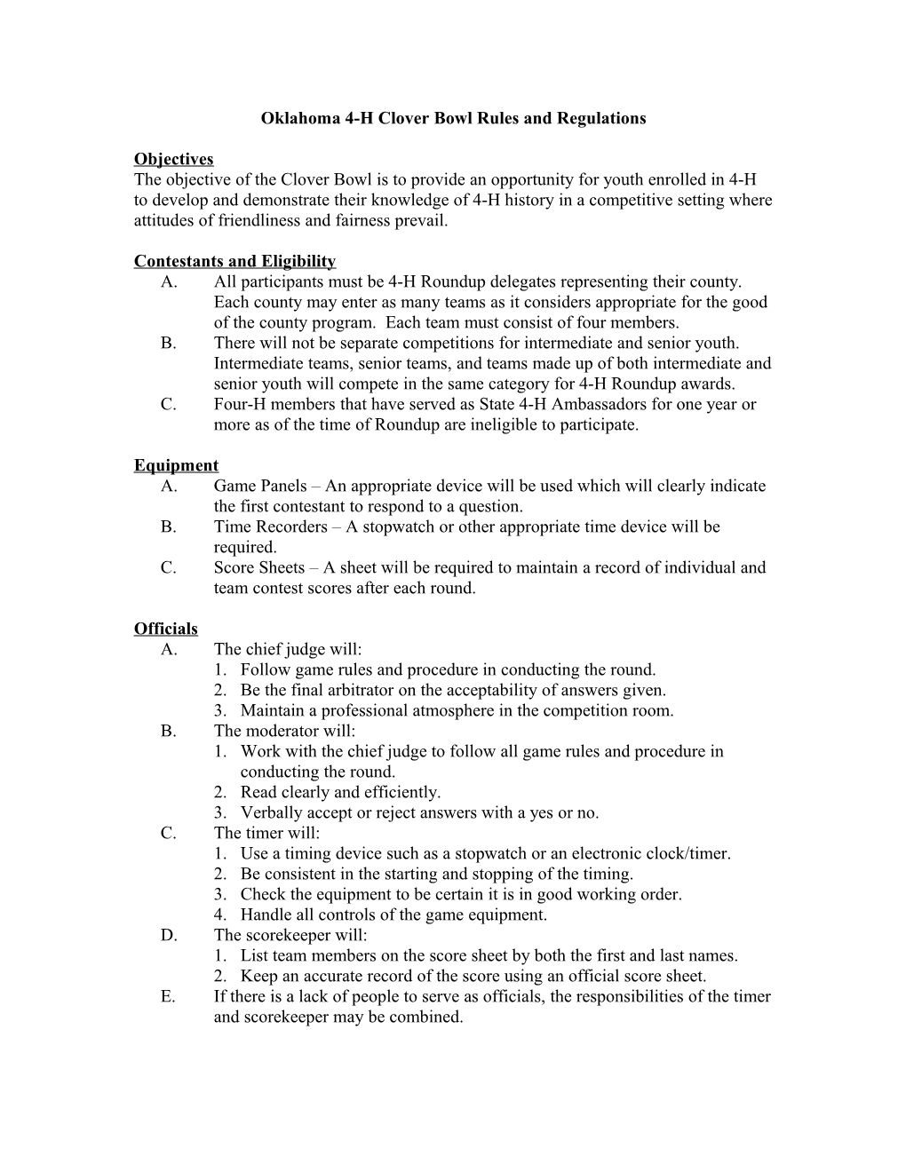 Oklahoma 4-H Clover Bowl Rules and Regulations