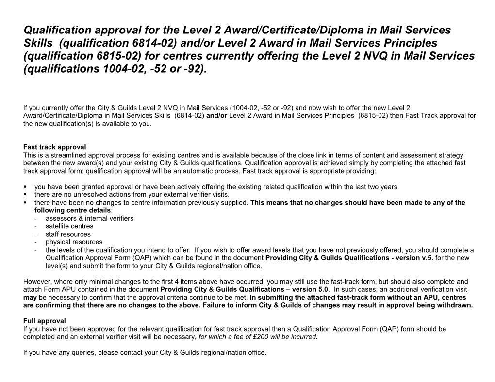 Qualification Approval for the NVQ Level 2 in Warehousing and Storage (Qualifications 1009-01