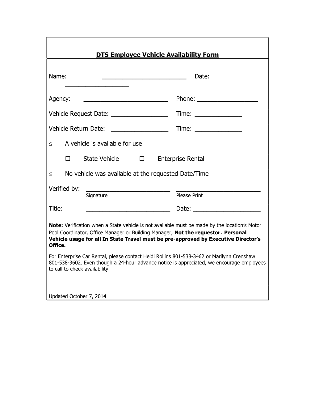 DTS Employee Vehicle Availability Form