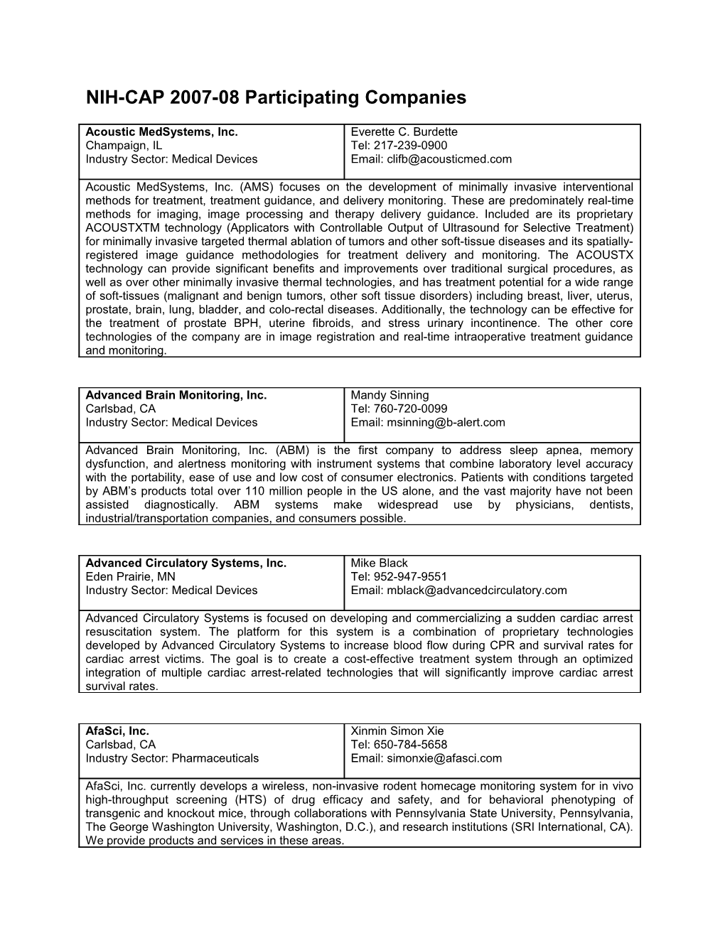NIH-CAP 2007-08 Participating Companies - 11/2007