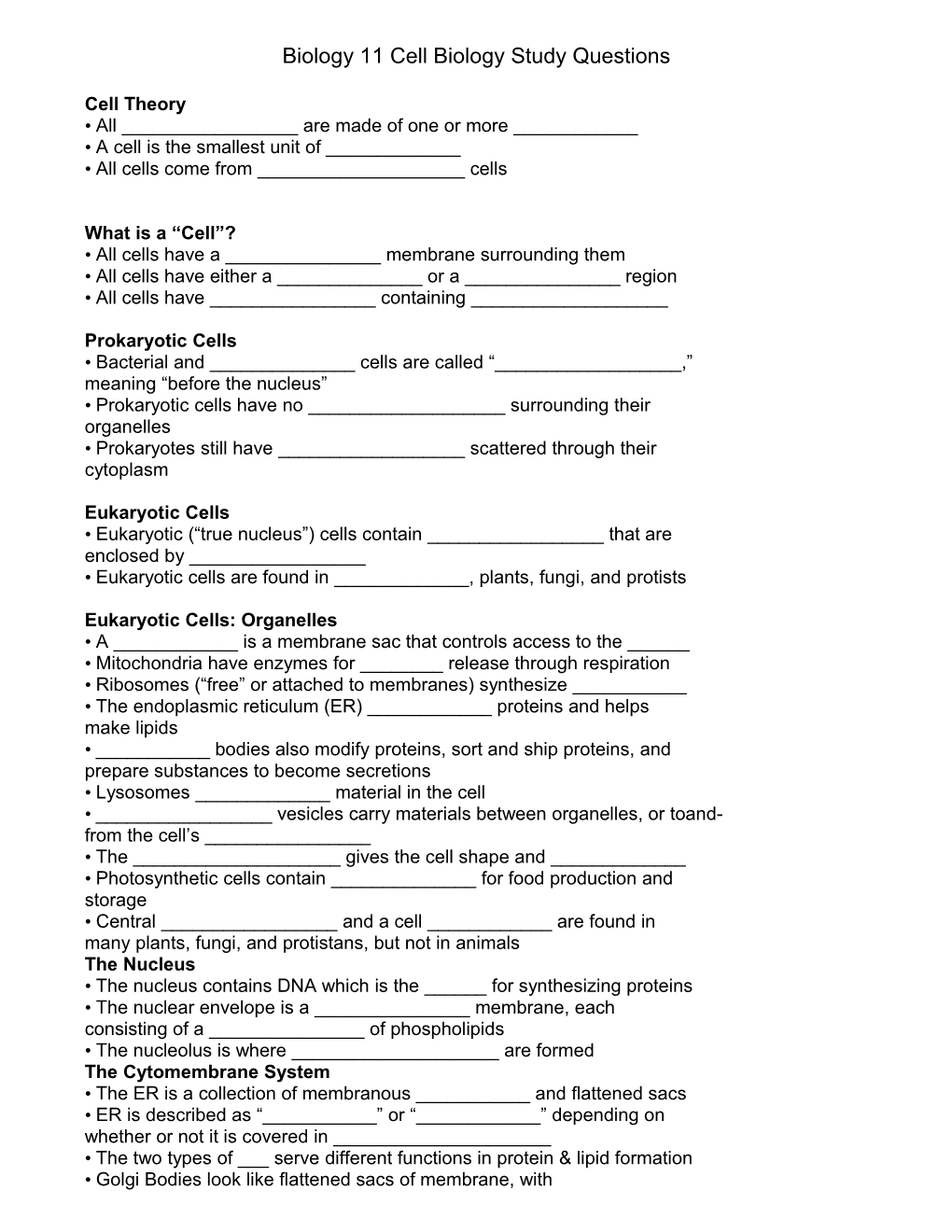 Biology 11 Cell Biology Study Questions