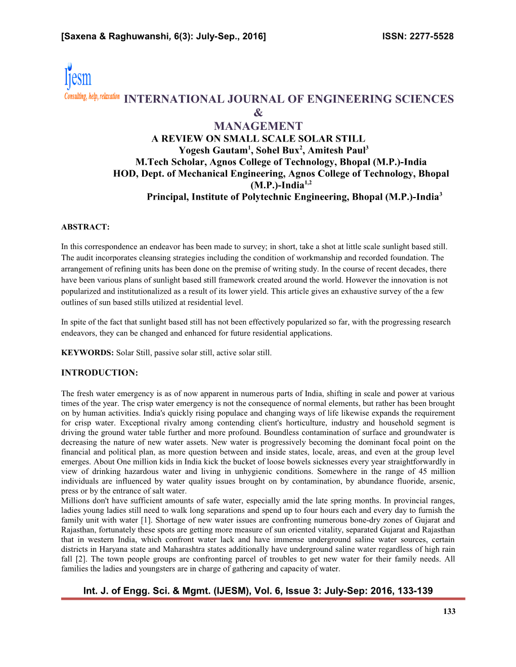 Saxena & Raghuwanshi, 6(3): July-Sep., 2016 ISSN: 2277-5528