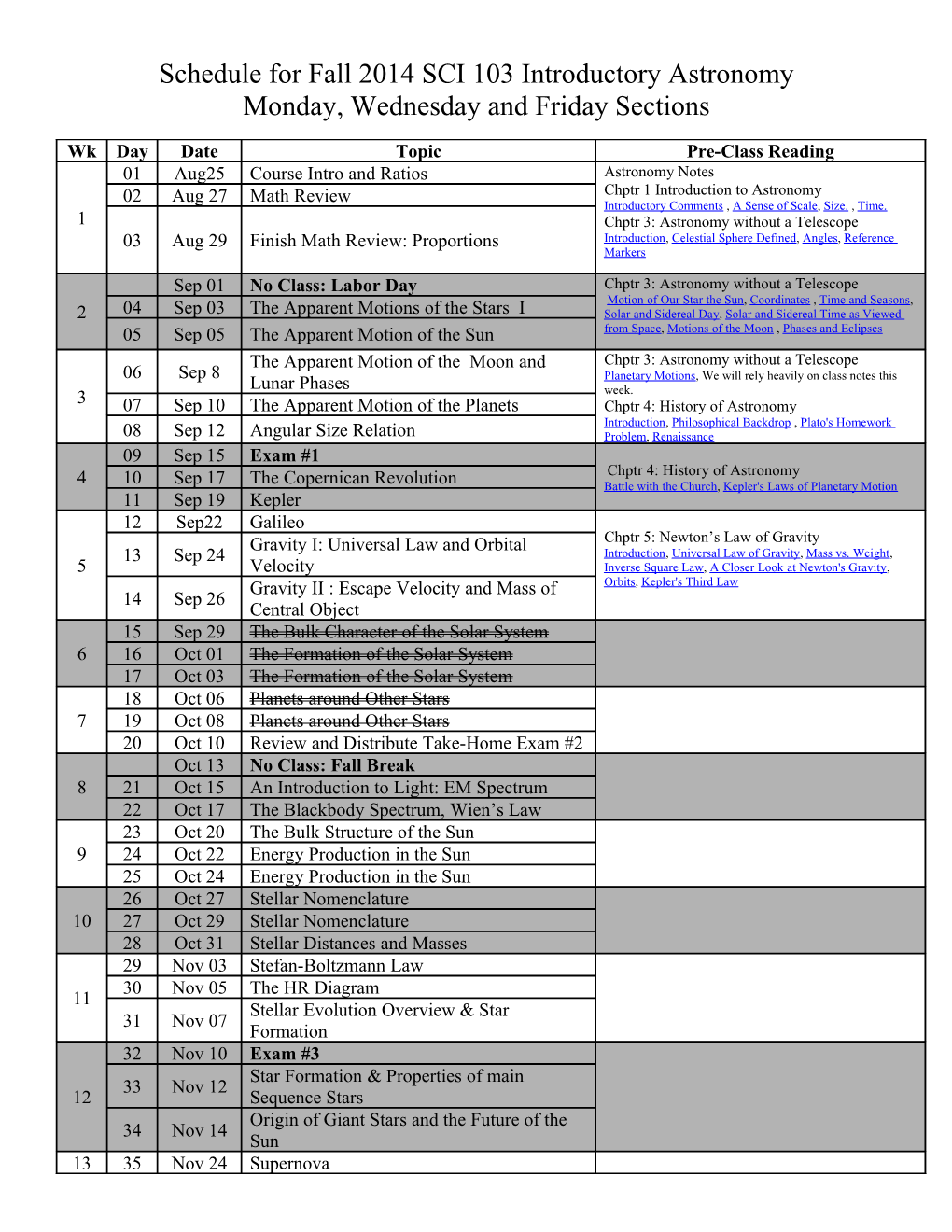 Schedule for SCI 103 Introductory Astronomy