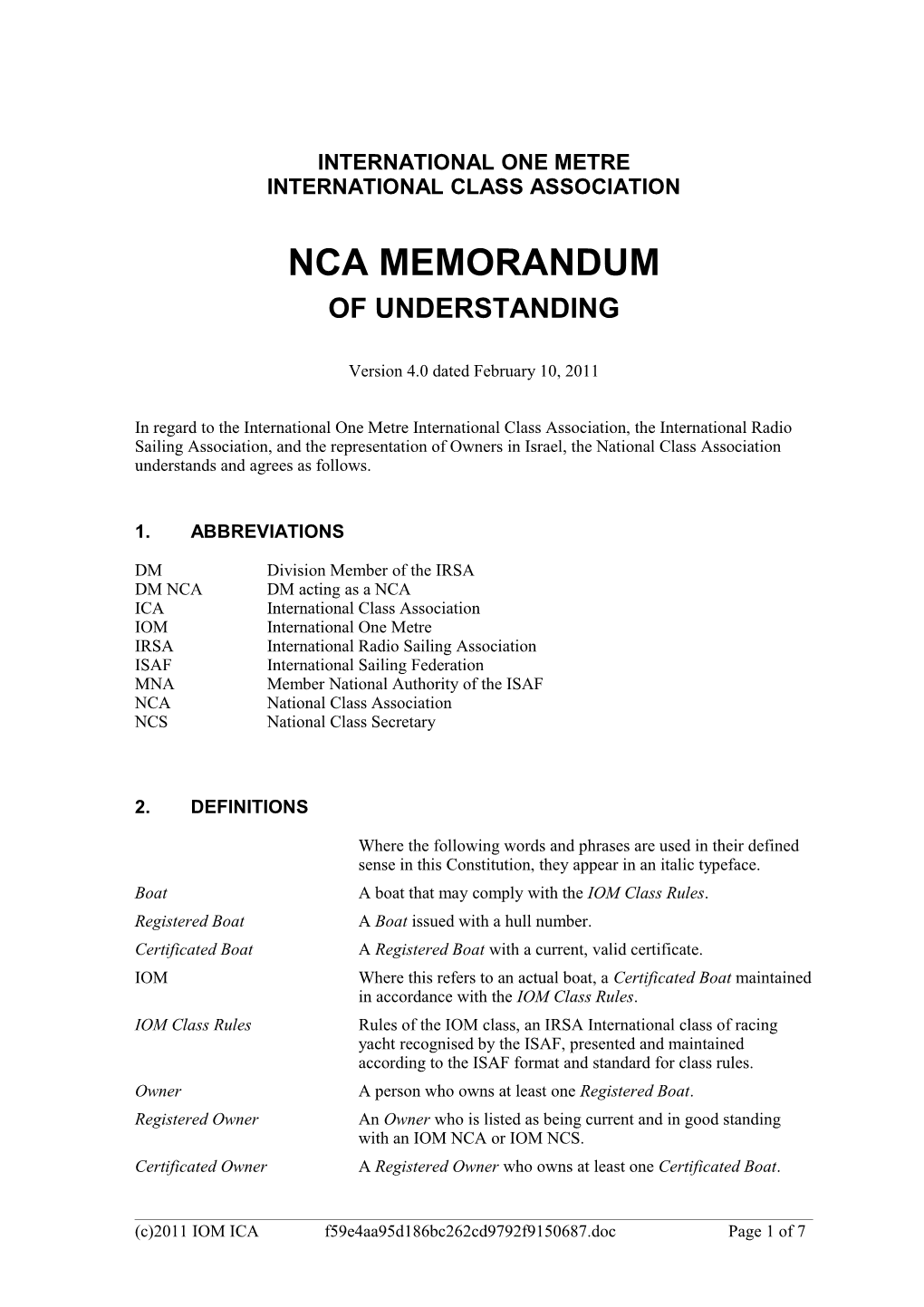 IOM ICA NCA Memorandum (Version 3.0)
