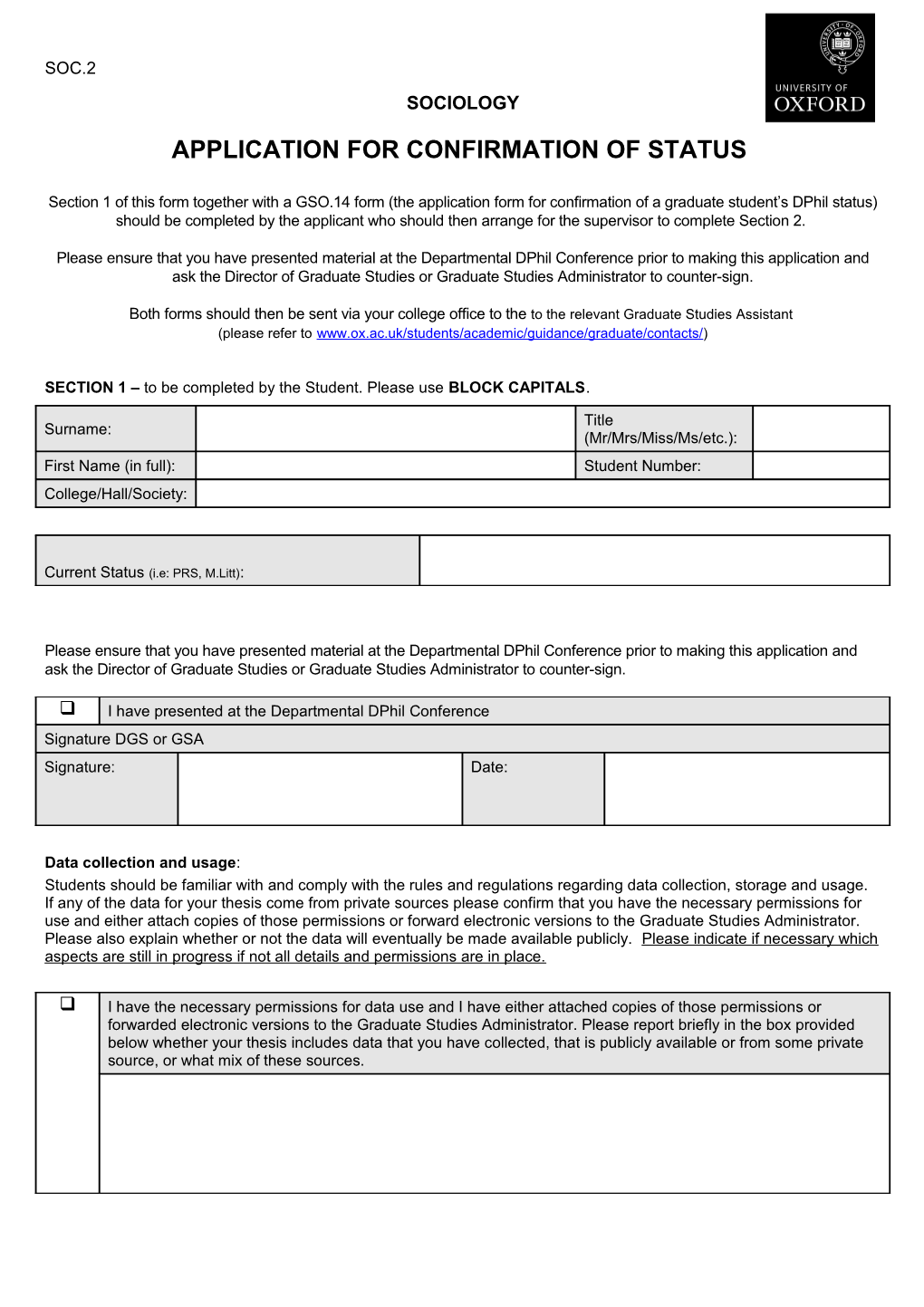 Application for Confirmation of Status