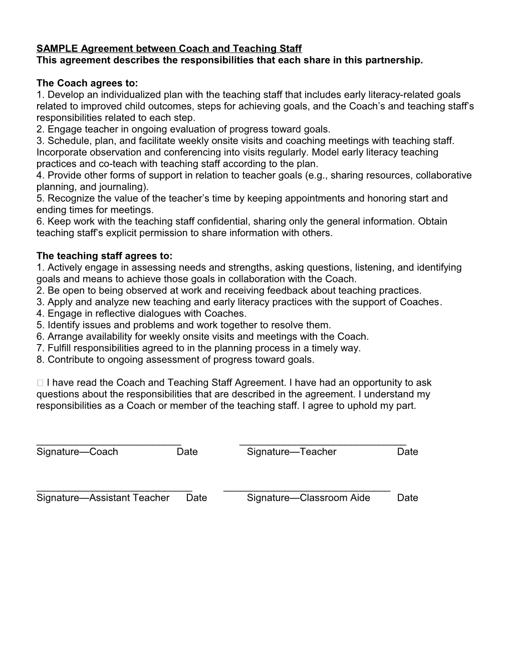 SAMPLE Agreement Between Coach and Teaching Staff