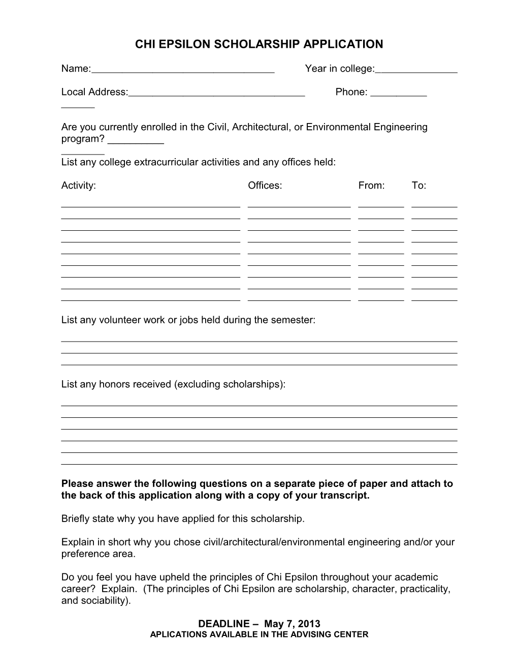 Chi Epsilon Scholarship Application