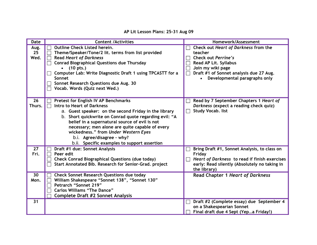 AP Lit Lesson Plans: 25-31 Aug 09