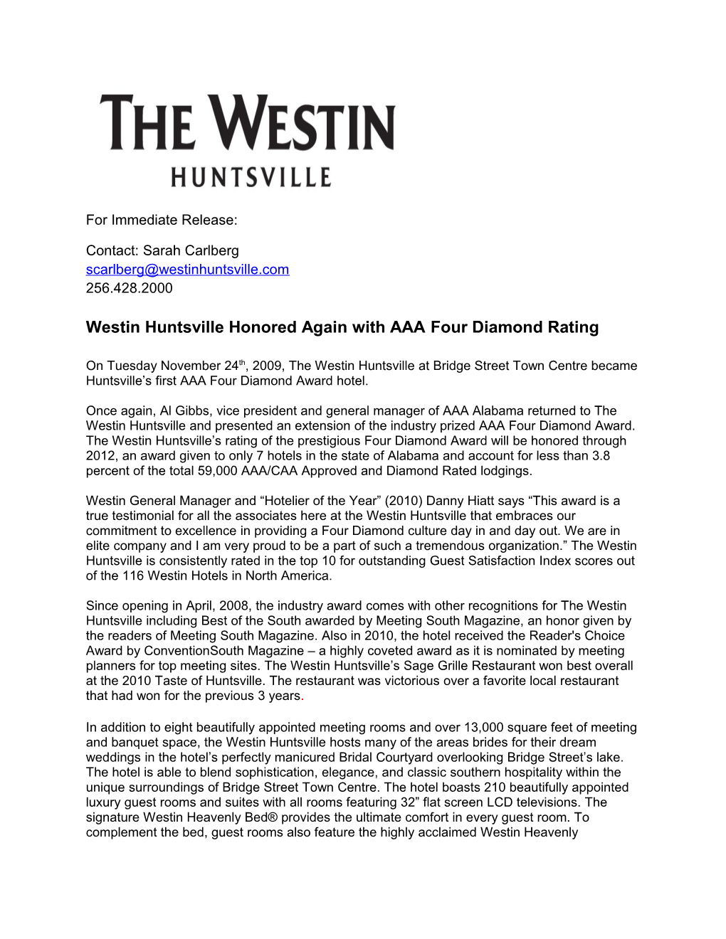 Westin Huntsville Honored Again with AAA Four Diamond Rating