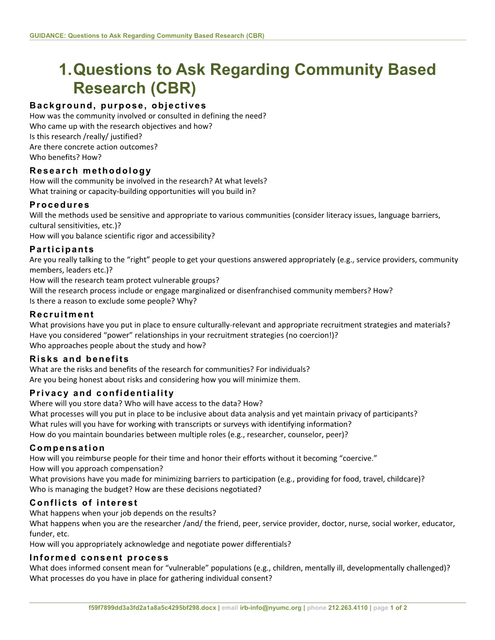 GUIDANCE: Questions to Ask Regarding Community Based Research (CBR)