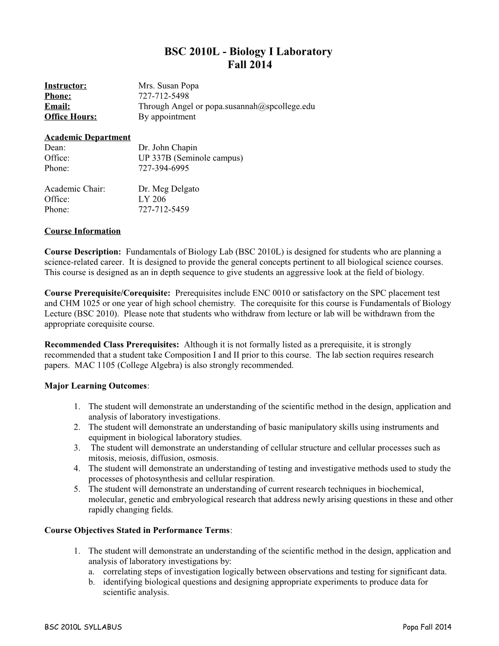 BSC 1010C - Fundamentals of Biology