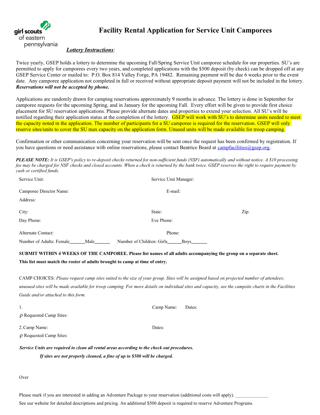 Facility Rental Application for Service Unit Camporees