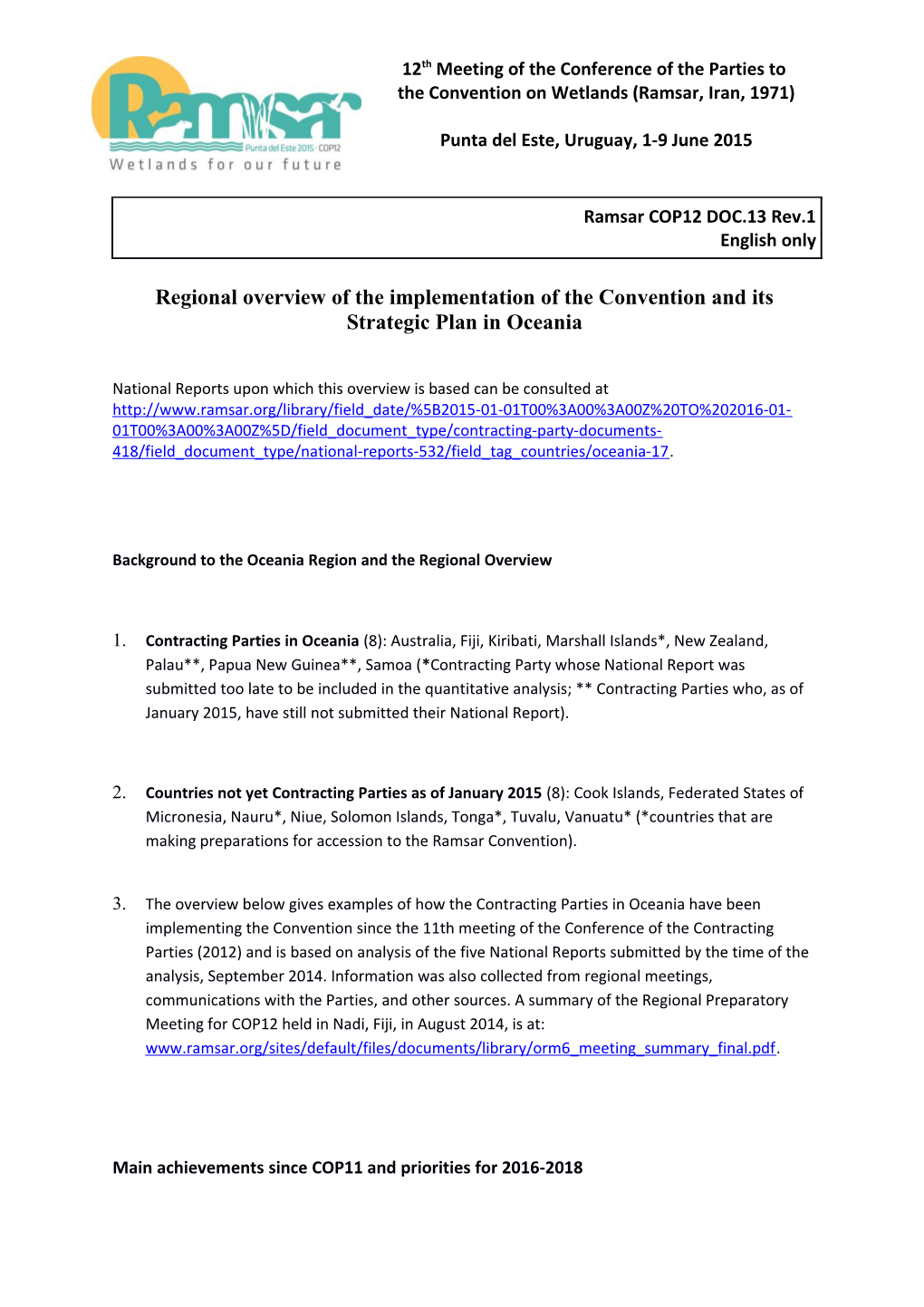 Regional Overview of the Implementation of the Convention and Its Strategic Plan in Oceania