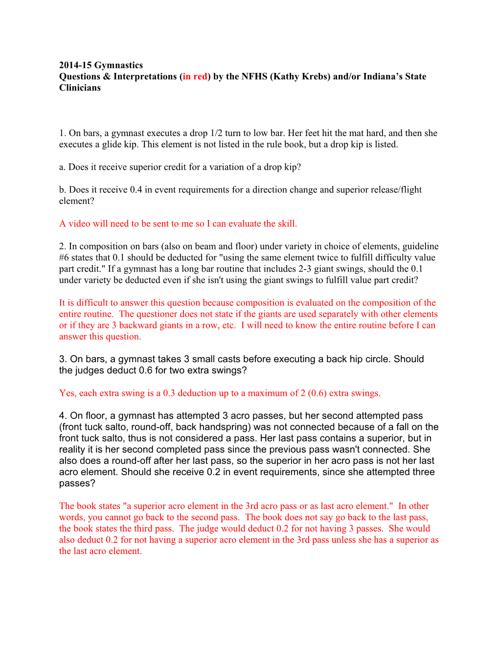 2014-15 Gymnastics Questions & Interpretations (In Red) by the NFHS (Kathy Krebs) And/Or