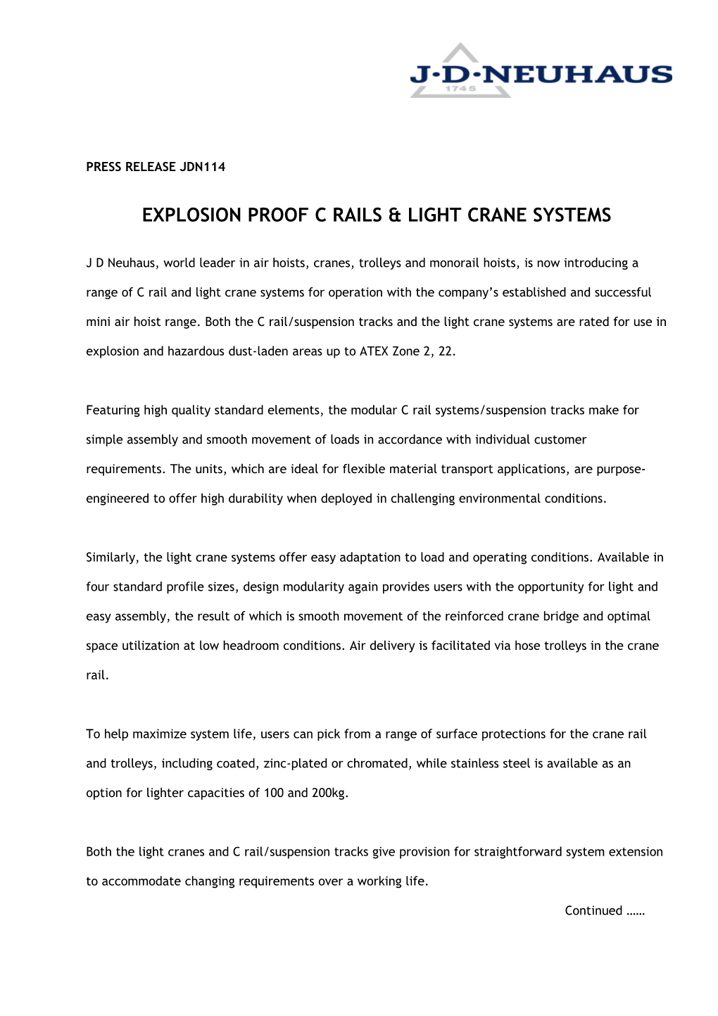 Explosion Proof C Rails & Light Crane Systems