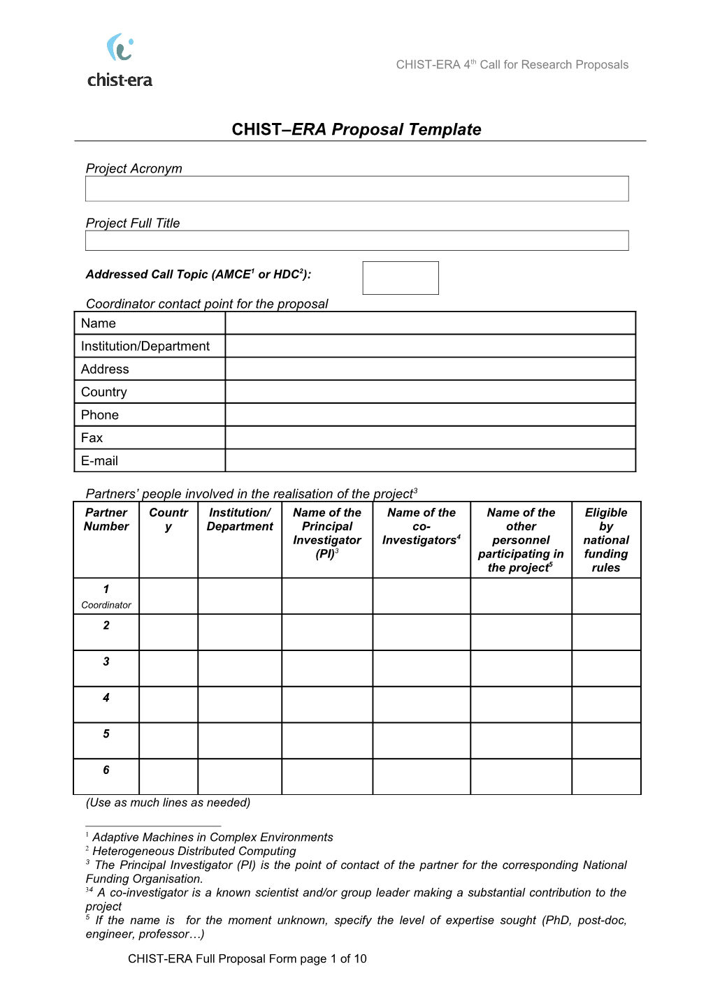 CHIST-ERA 4Thcall for Research Proposals