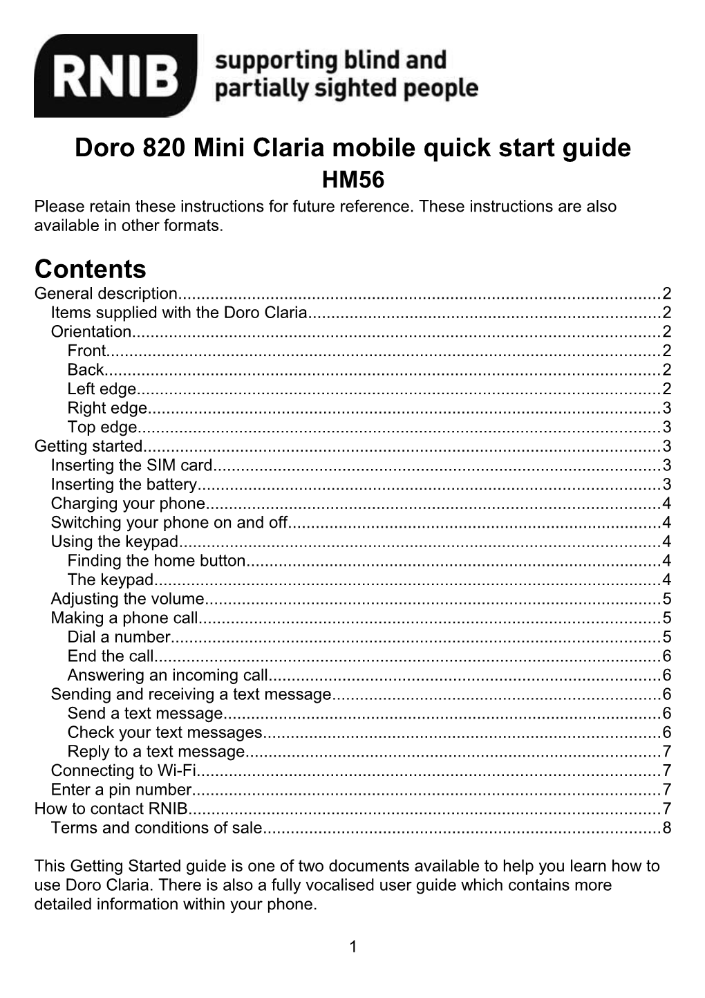 Doro 820 Mini Claria Mobile Quick Start Guide