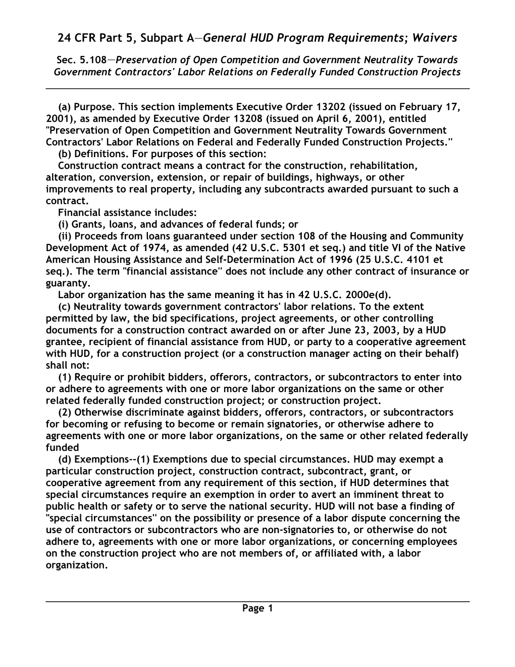 24 CFR Part 5, Subpart a General HUD Program Requirements; Waivers