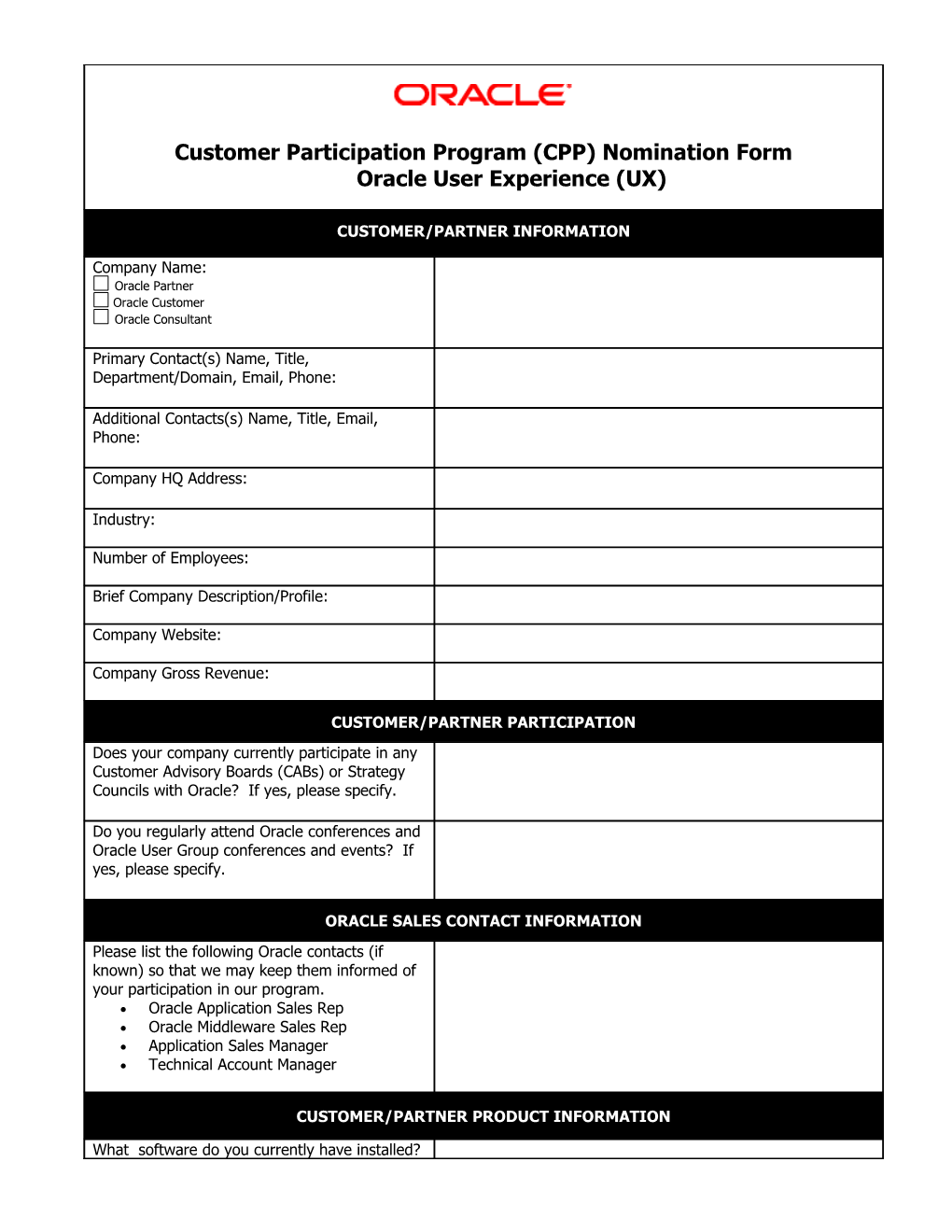 Customer Participation Program (CPP) Nomination Formoracle User Experience (UX)