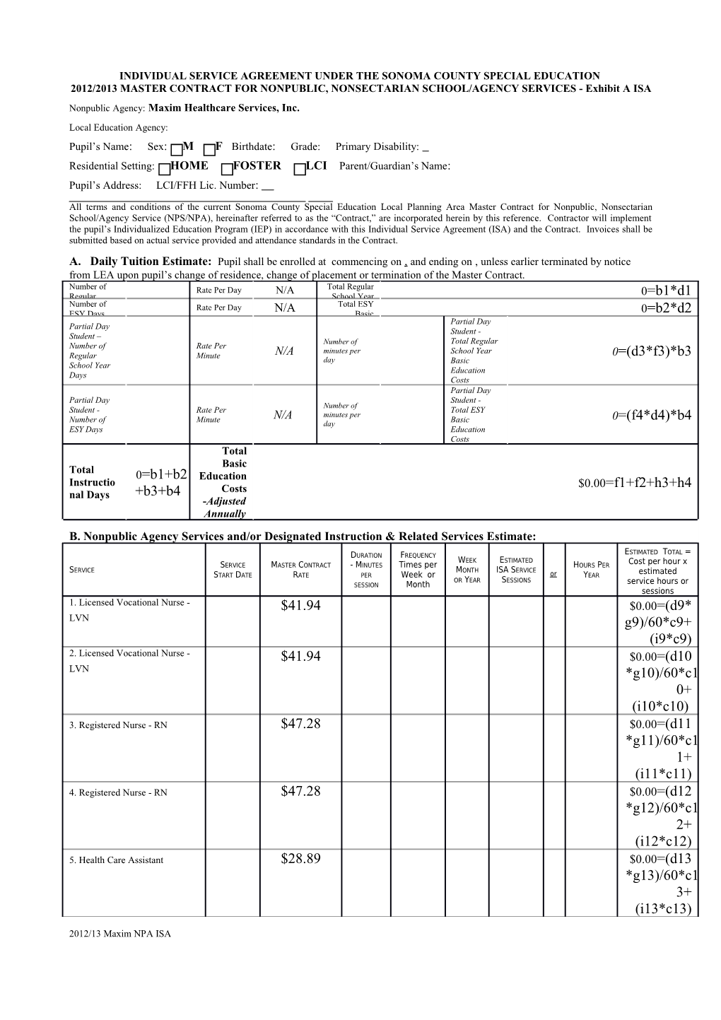 Individual Service Agreement Under the Sonoma County Special Education