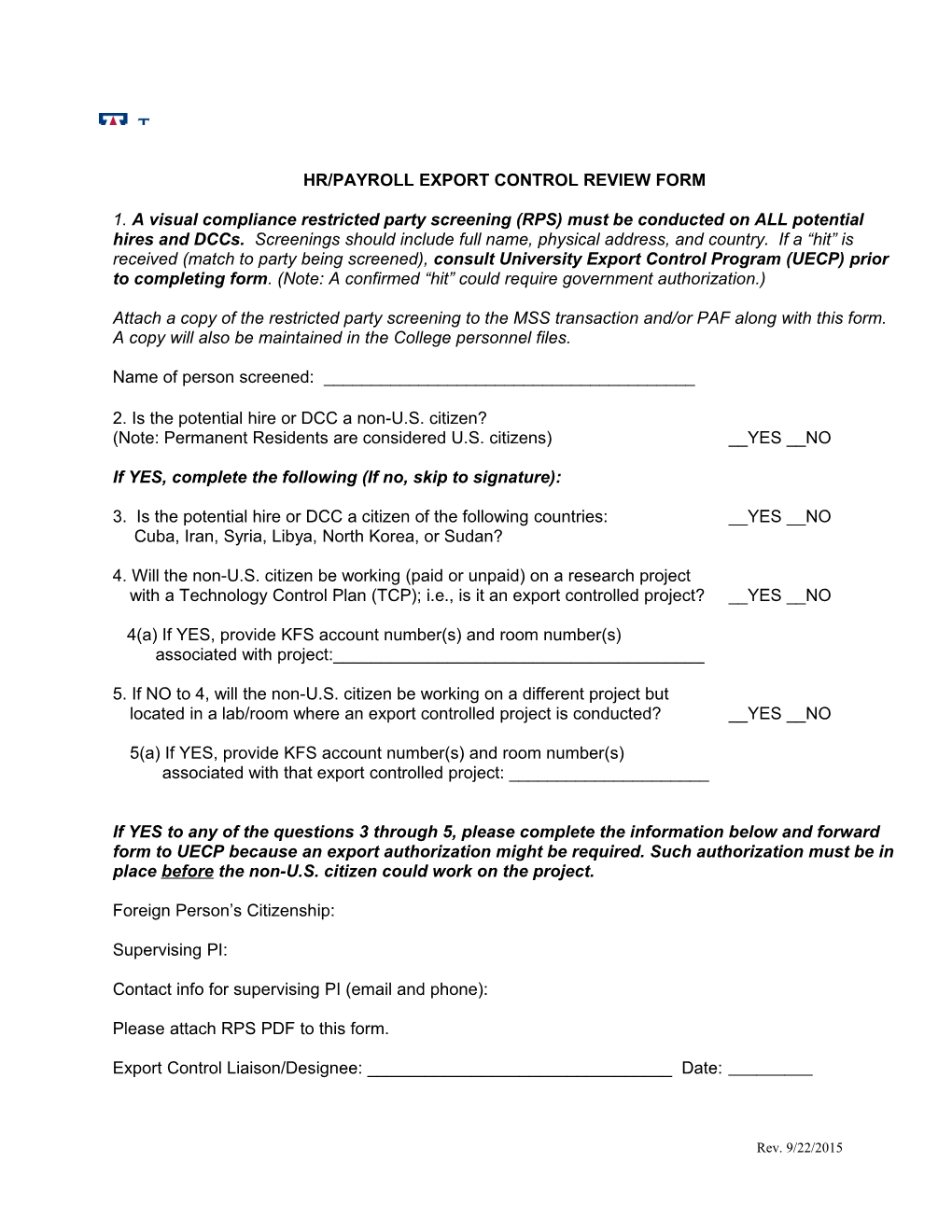 Hr/Payroll Export Control Review Form
