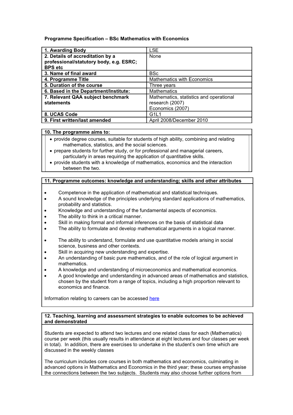 Programme Specification Bsc Mathematics with Economics