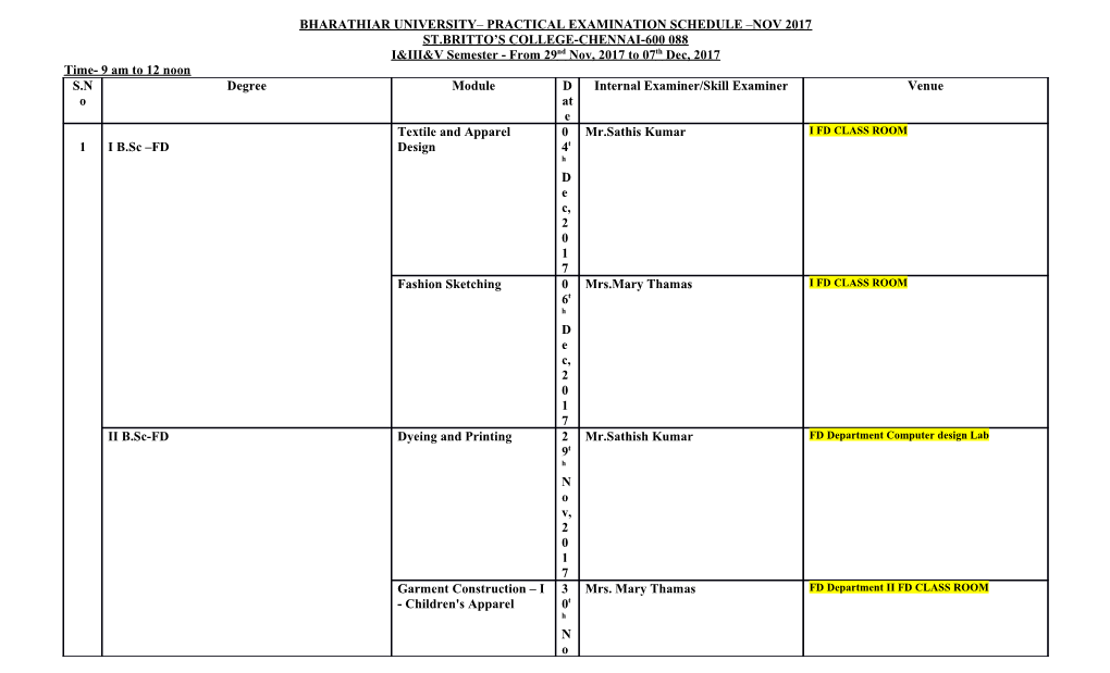 Bharathiar University Practical Examination Schedule Nov 2017