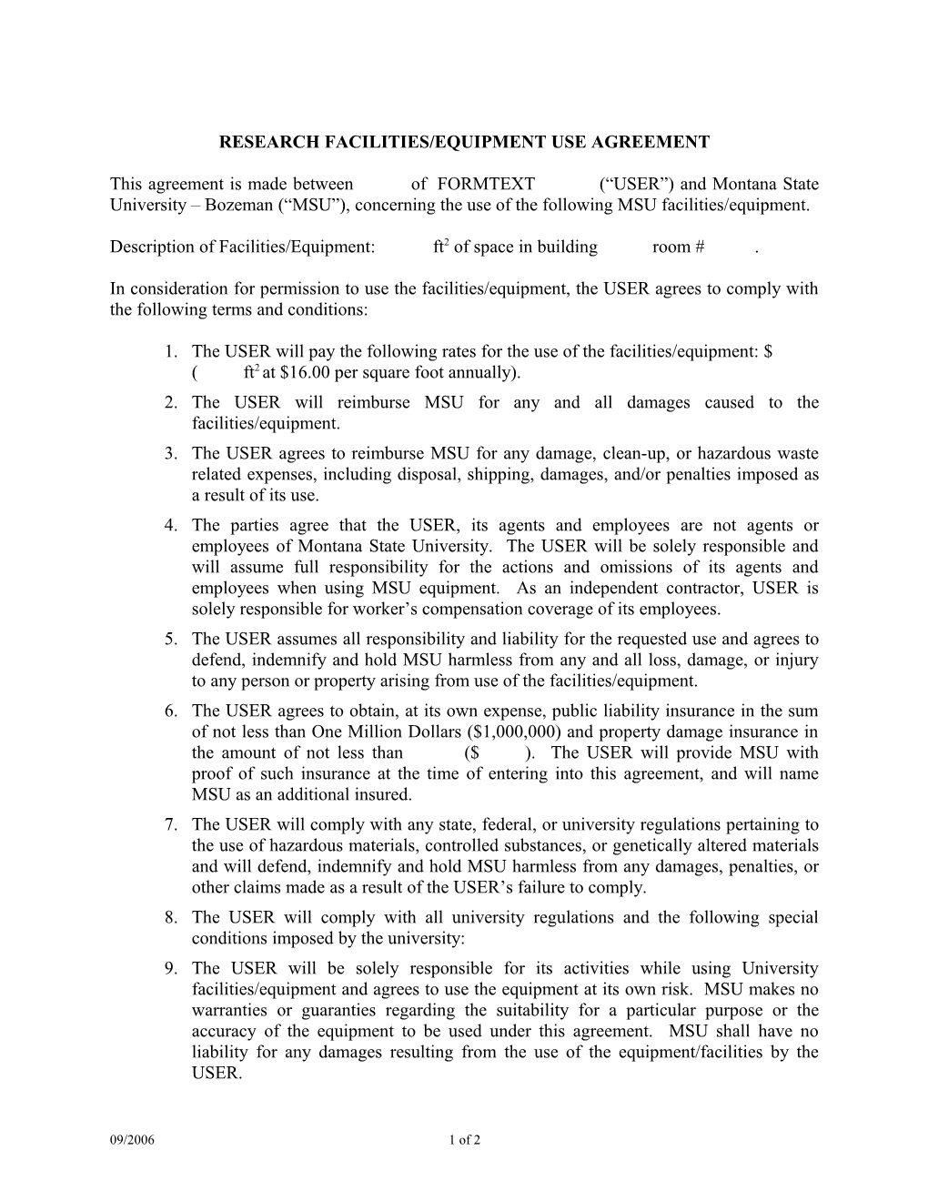 Research Facilities/Equipment Use Agreement