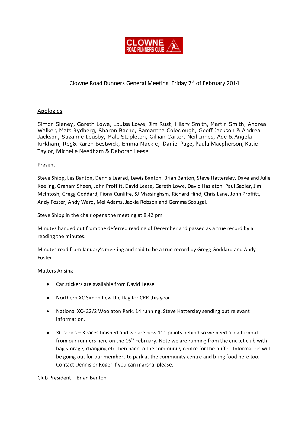 Clowne Road Runners General Meeting Friday 7Th of February 2014
