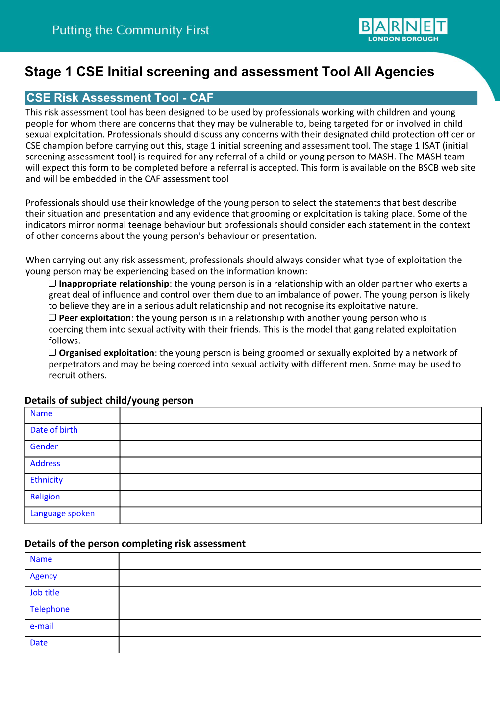 Stage 1 CSE Initial Screening and Assessment Tool All Agencies