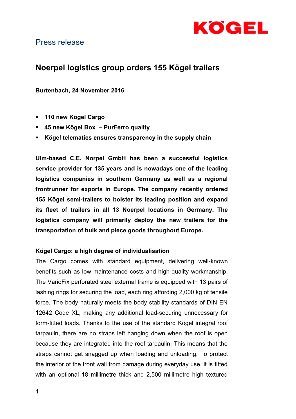 Noerpel Logistics Group Orders 155 Kögel Trailers