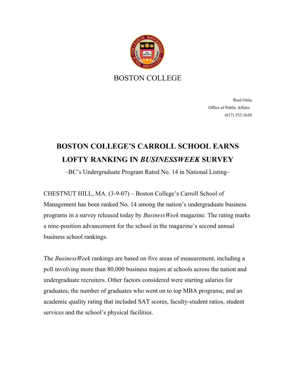 Boston College S Carroll School Earns