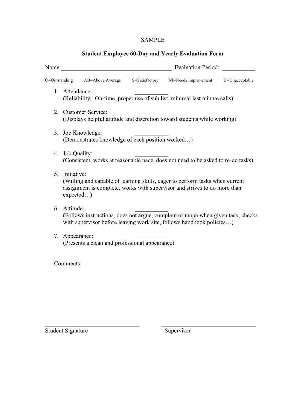 Student Employee 60-Day and Yearly Evaluation Form