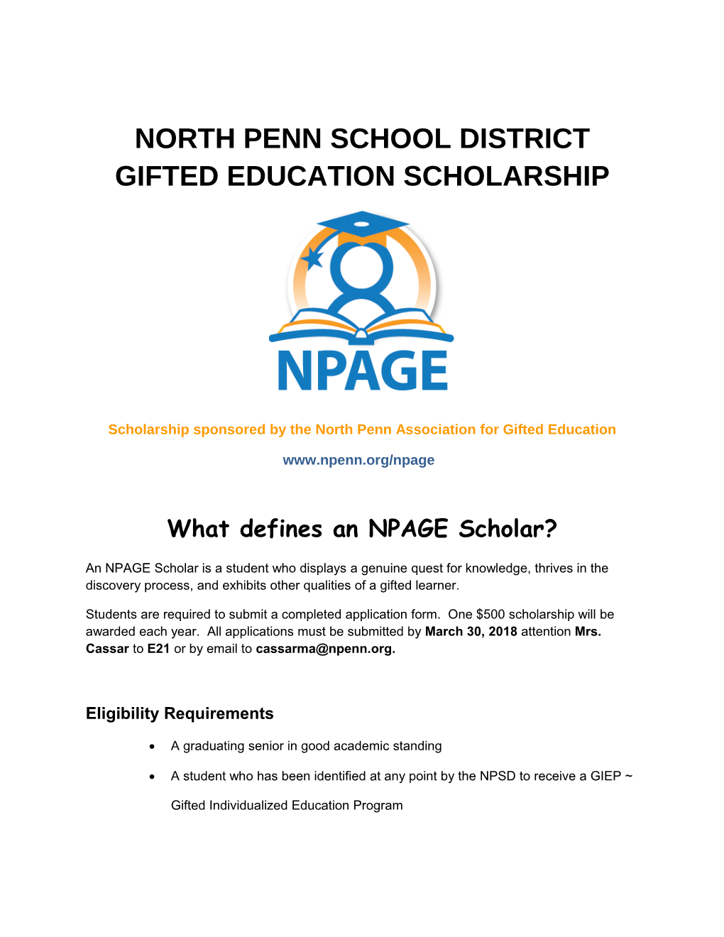 Scholarship Sponsored by the North Penn Association for Gifted Education