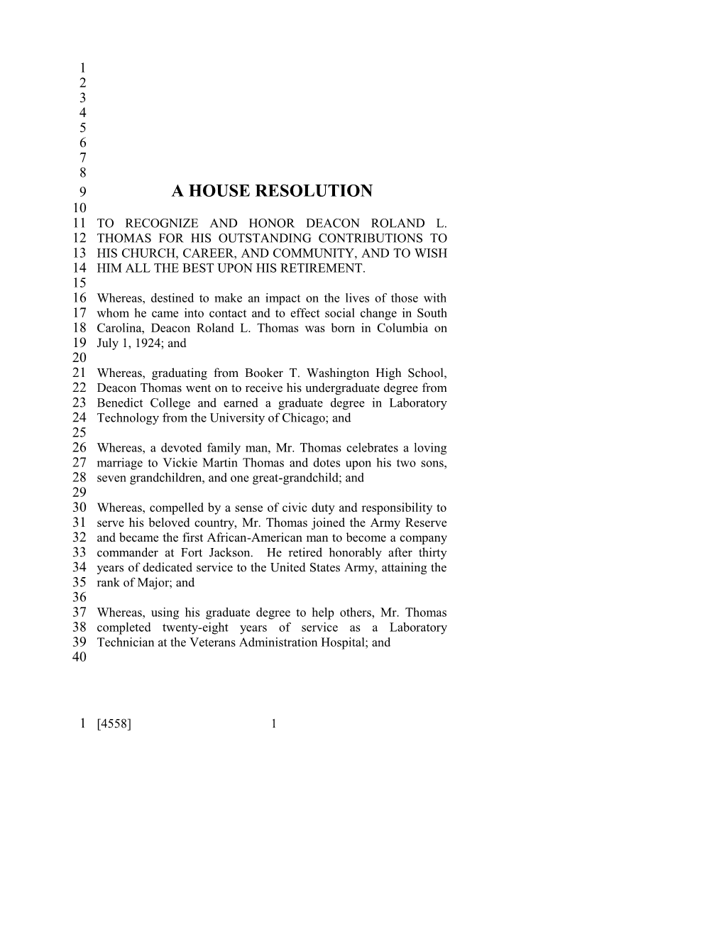 2005-2006 Bill 4558: Deacon Roland L. Thomas - South Carolina Legislature Online
