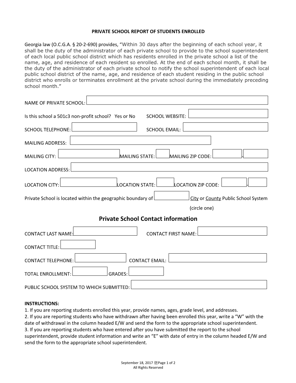 Private School Report of Students Enrolled