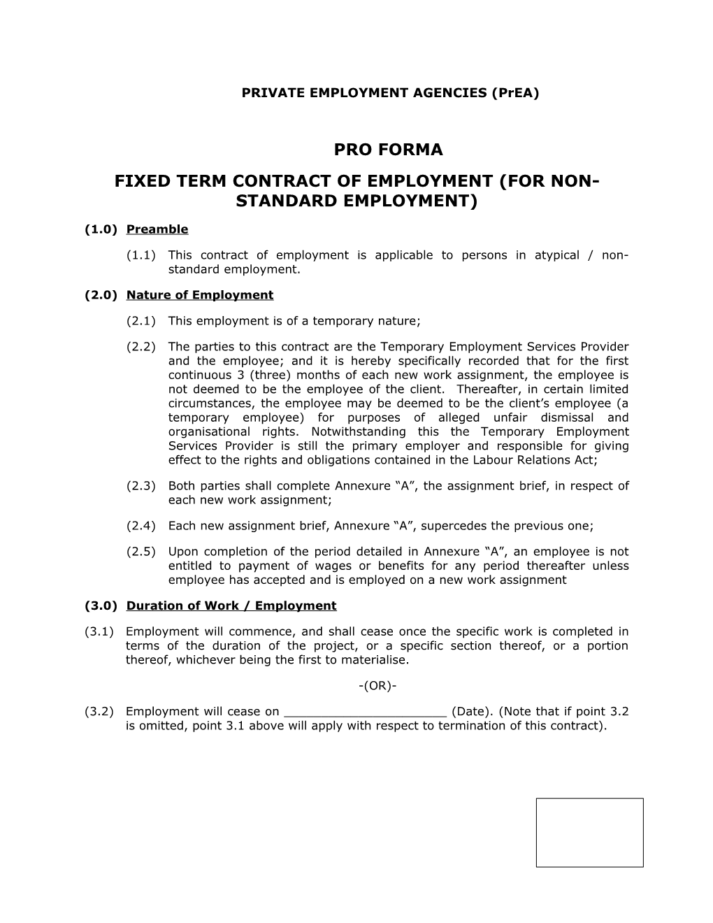 Fixed Term Contract of Employment (For Non-Standard Employment)
