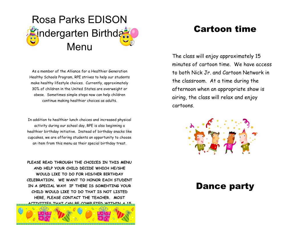 Rosa Parks EDISON Kindergarten Birthday Menu
