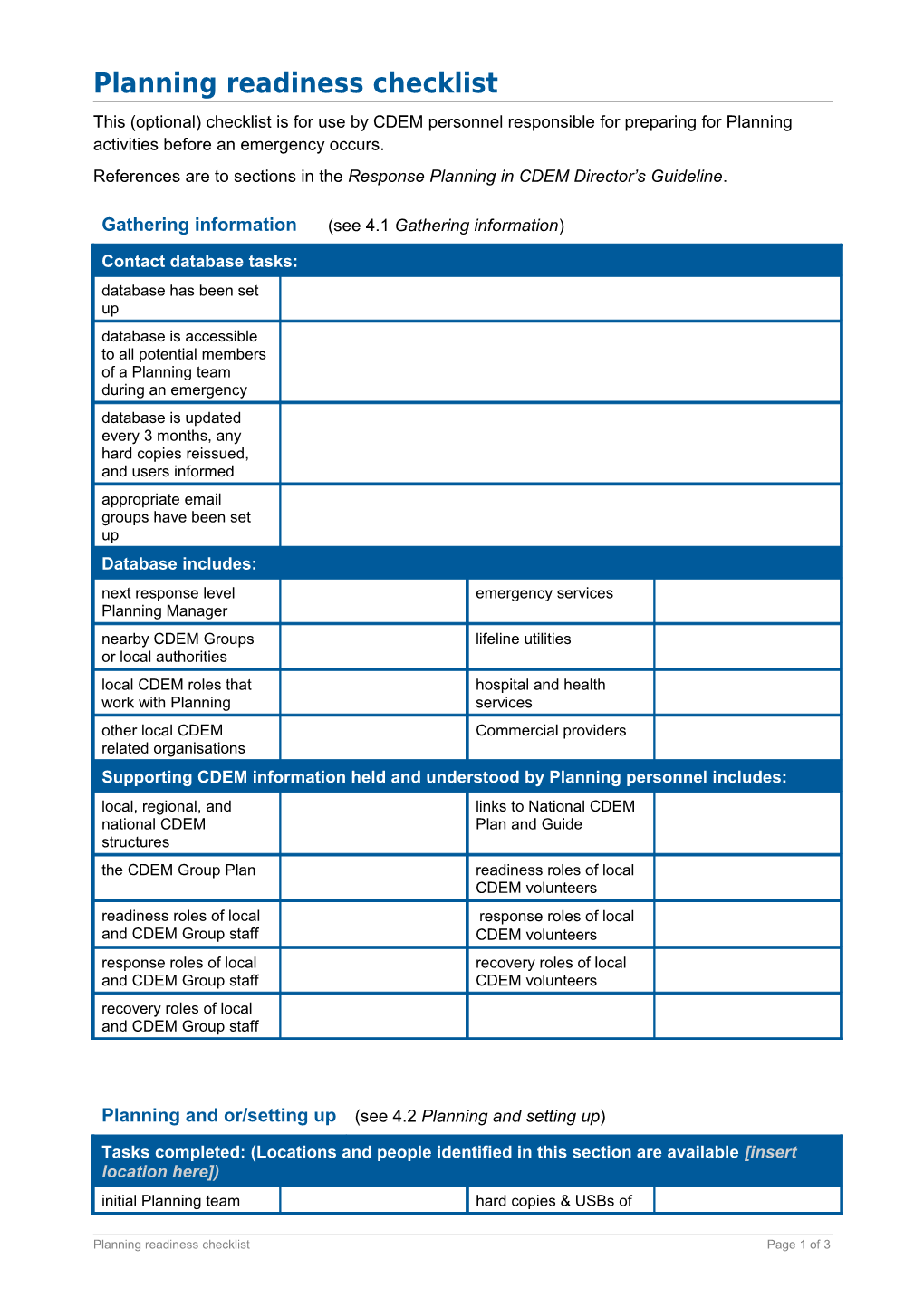 Response Planning in CDEM - Planning Readiness Checklist - Ministry of Civil Defence &