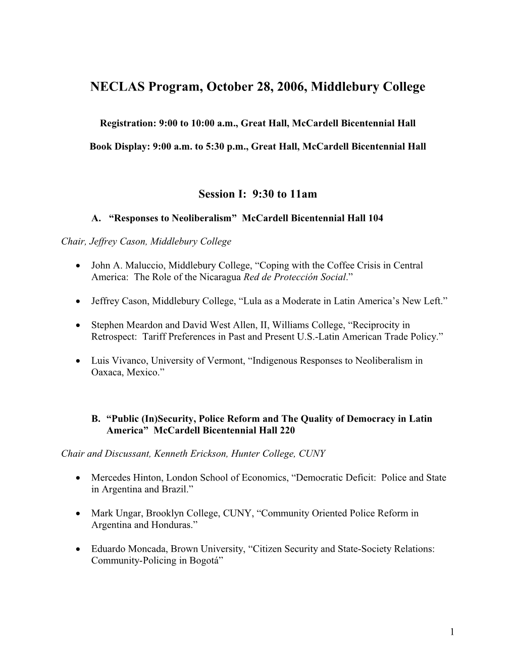 NECLAS Program, October 28, 2006, Middlebury College