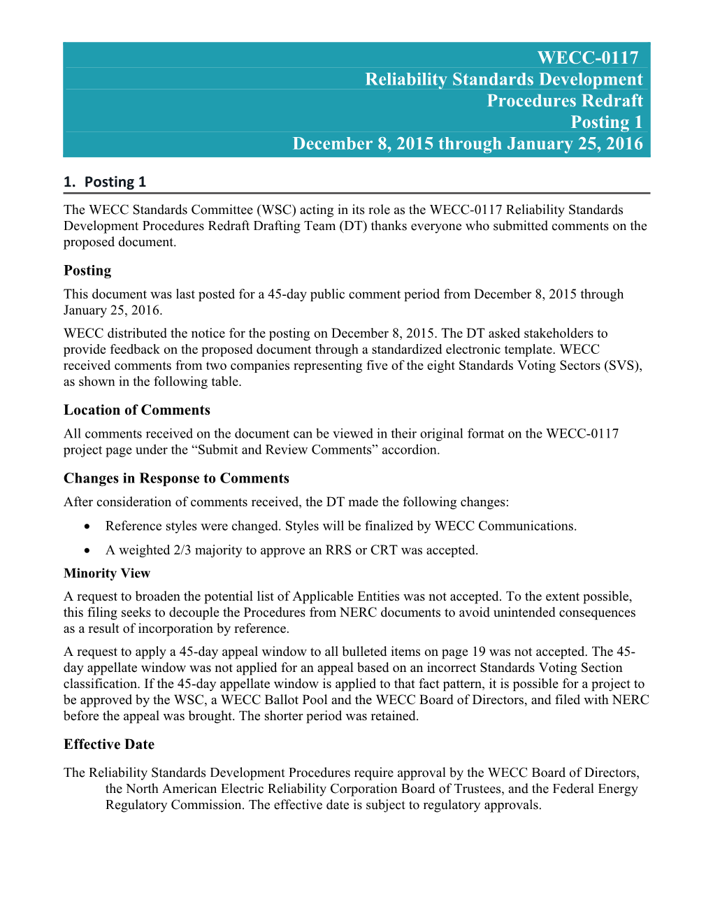 WECC-0117 Posting 1 Reliability Standards Development Procedures Response to Comments - Final