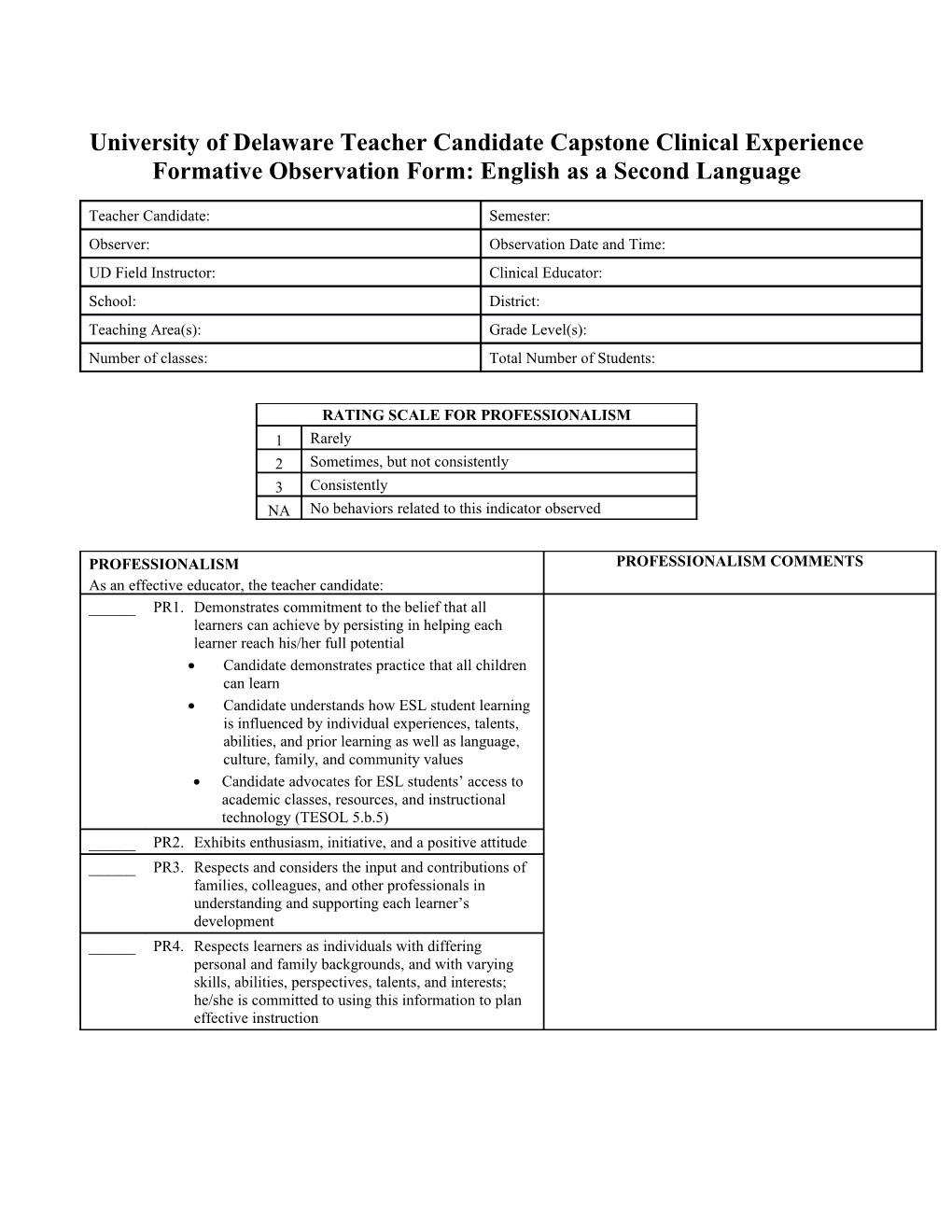 University of Delaware Teacher Candidate Capstone Clinical Experience Formativeobservation